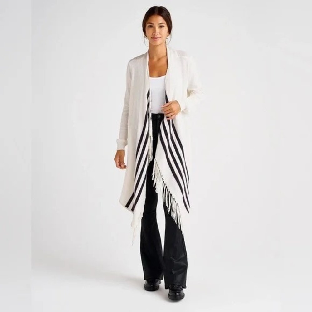 Splendid Open Front Cardigan O/S White Black Stripe Cotton Linen‎ Drape Sweater